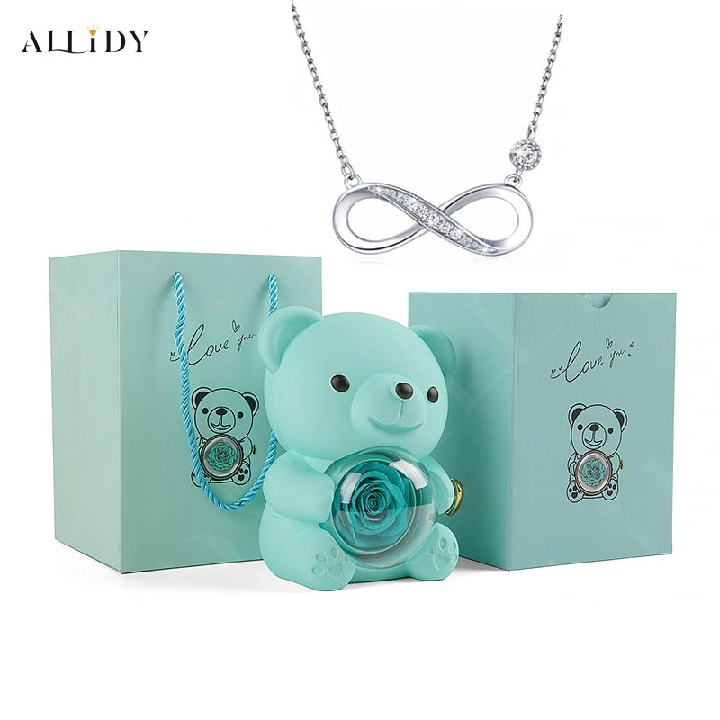 2025 Mother's Day Gifts Idea 8-Character Infinite Love Necklace Real Rose Teddy Bear Jewelry Storage Gift Box for Wife Mom Women