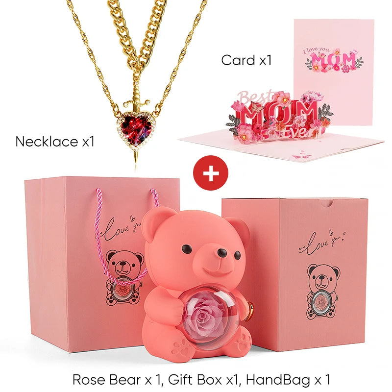 Mother's Day 3D Card Red Zircon Heart and Sword Necklace Double Necklace Real Rose Hug Bear Mothers Day Jewelry Gift Set for Mom