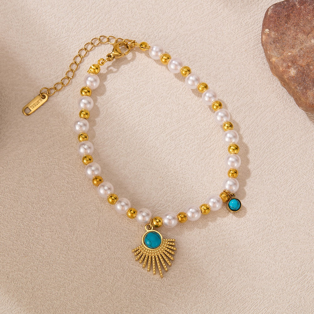 Vintage French Style Bracelet for Women – Geometric Pearl & Turquoise Charm, Titanium Stainless Steel Retro Jewelry