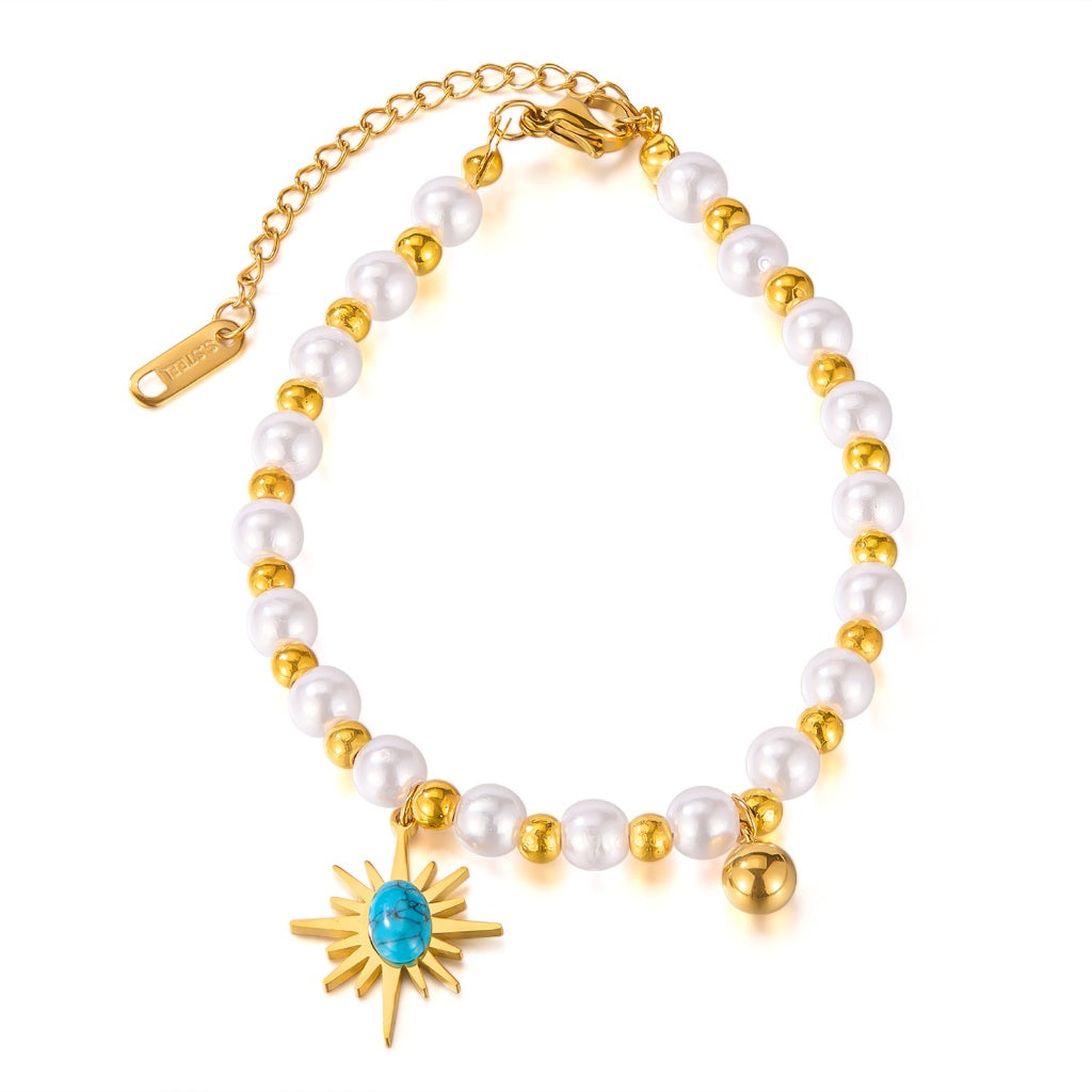 Vintage French Style Bracelet for Women – Geometric Pearl & Turquoise Charm, Titanium Stainless Steel Retro Jewelry