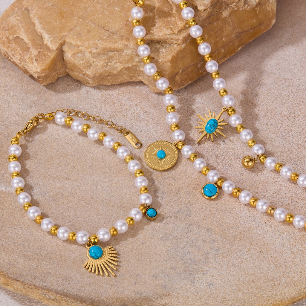 Vintage French Style Bracelet for Women – Geometric Pearl & Turquoise Charm, Titanium Stainless Steel Retro Jewelry
