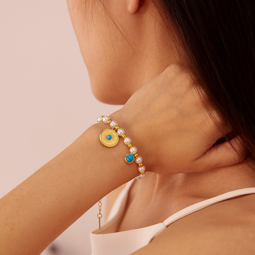 Vintage French Style Bracelet for Women – Geometric Pearl & Turquoise Charm, Titanium Stainless Steel Retro Jewelry