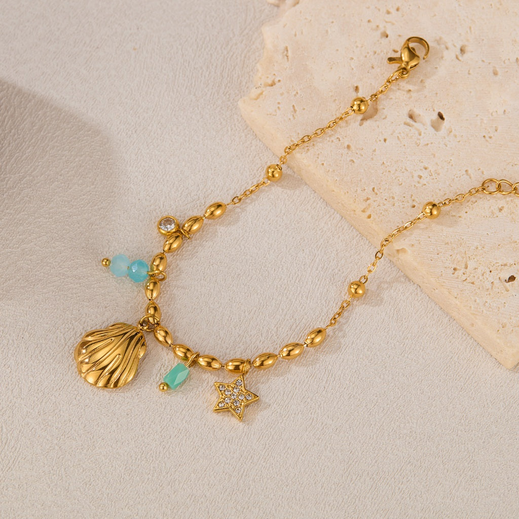 INS Style Ocean-Inspired Bracelet for Women – Stainless Steel Shell & Colorful Stone Charm, Minimalist Titanium Jewelry