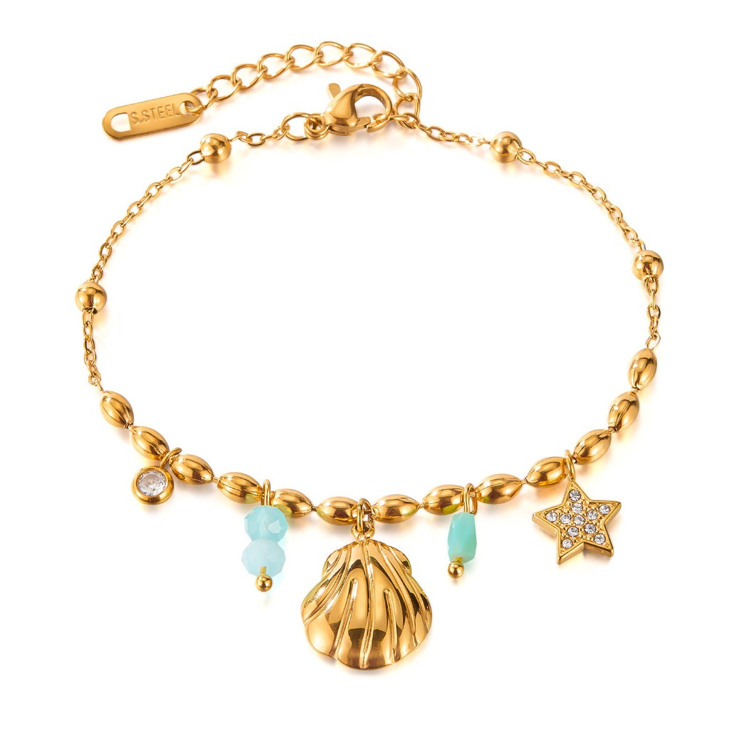 INS Style Ocean-Inspired Bracelet for Women – Stainless Steel Shell & Colorful Stone Charm, Minimalist Titanium Jewelry