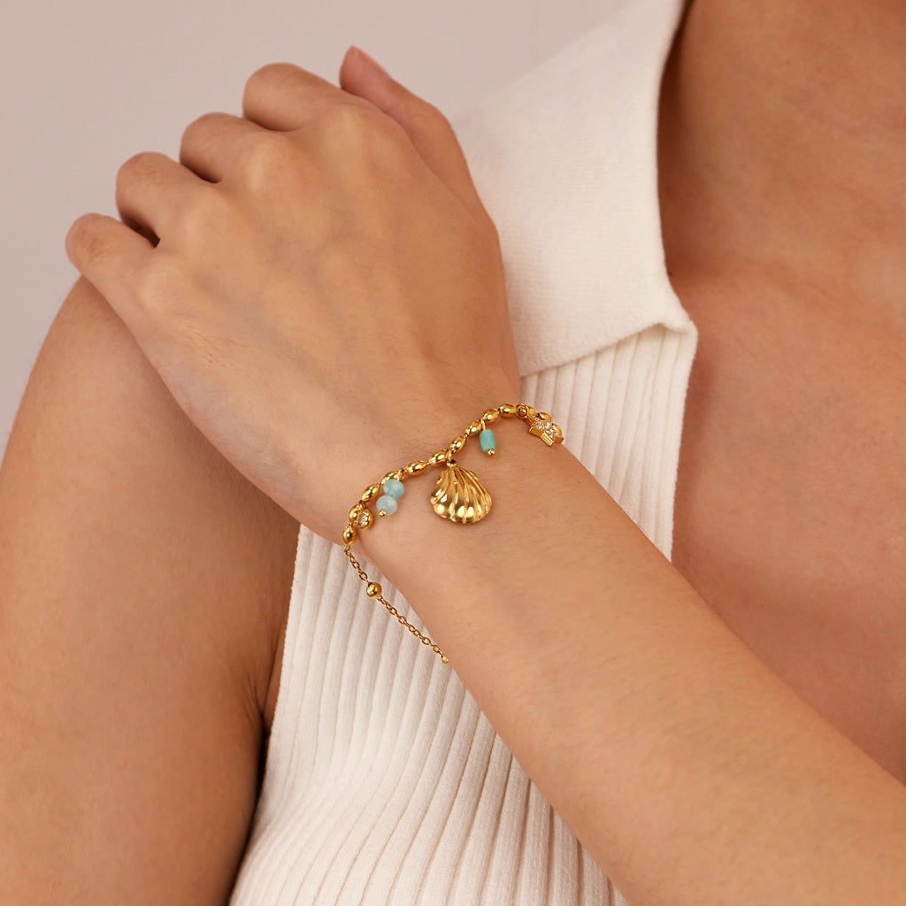 INS Style Ocean-Inspired Bracelet for Women – Stainless Steel Shell & Colorful Stone Charm, Minimalist Titanium Jewelry