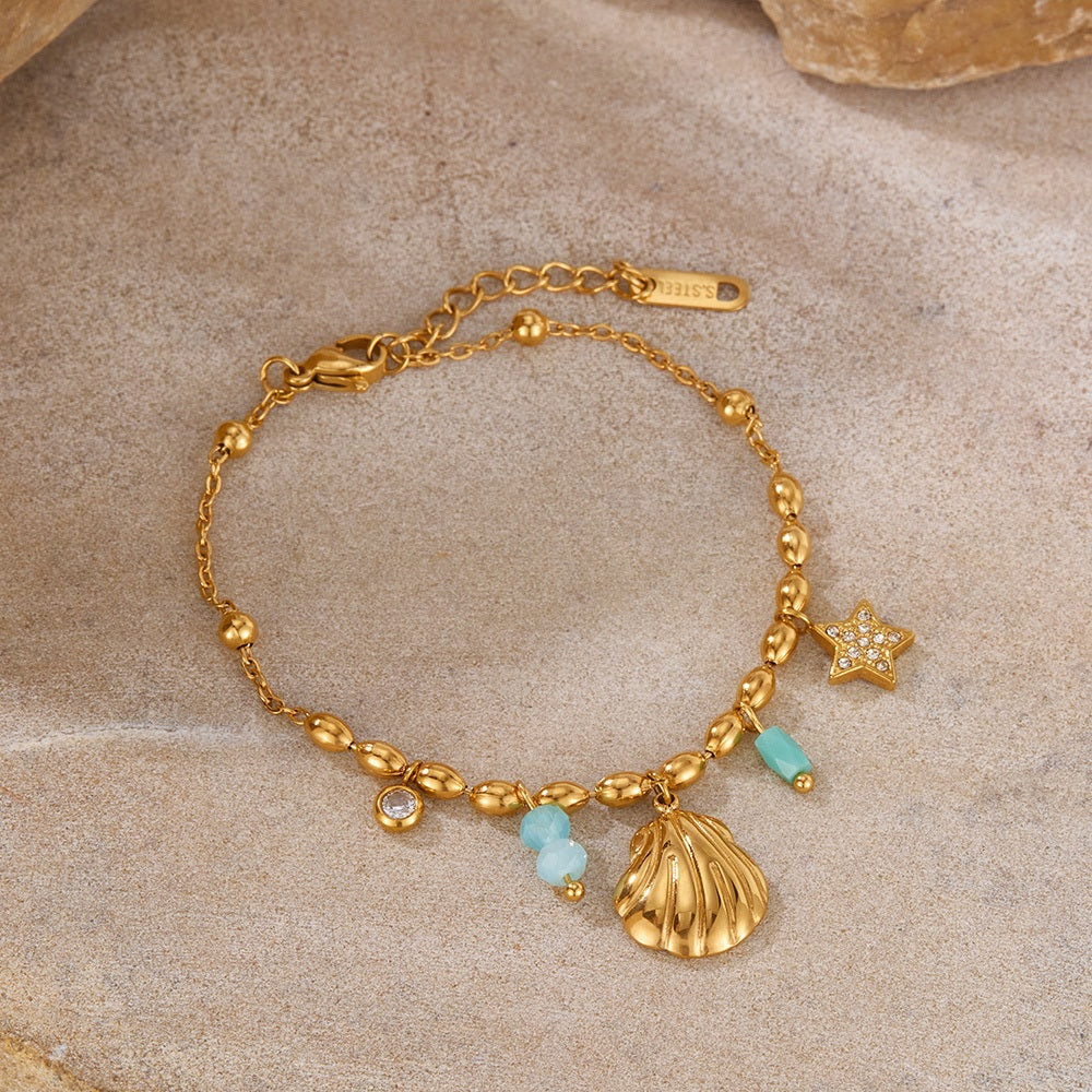 INS Style Ocean-Inspired Bracelet for Women – Stainless Steel Shell & Colorful Stone Charm, Minimalist Titanium Jewelry