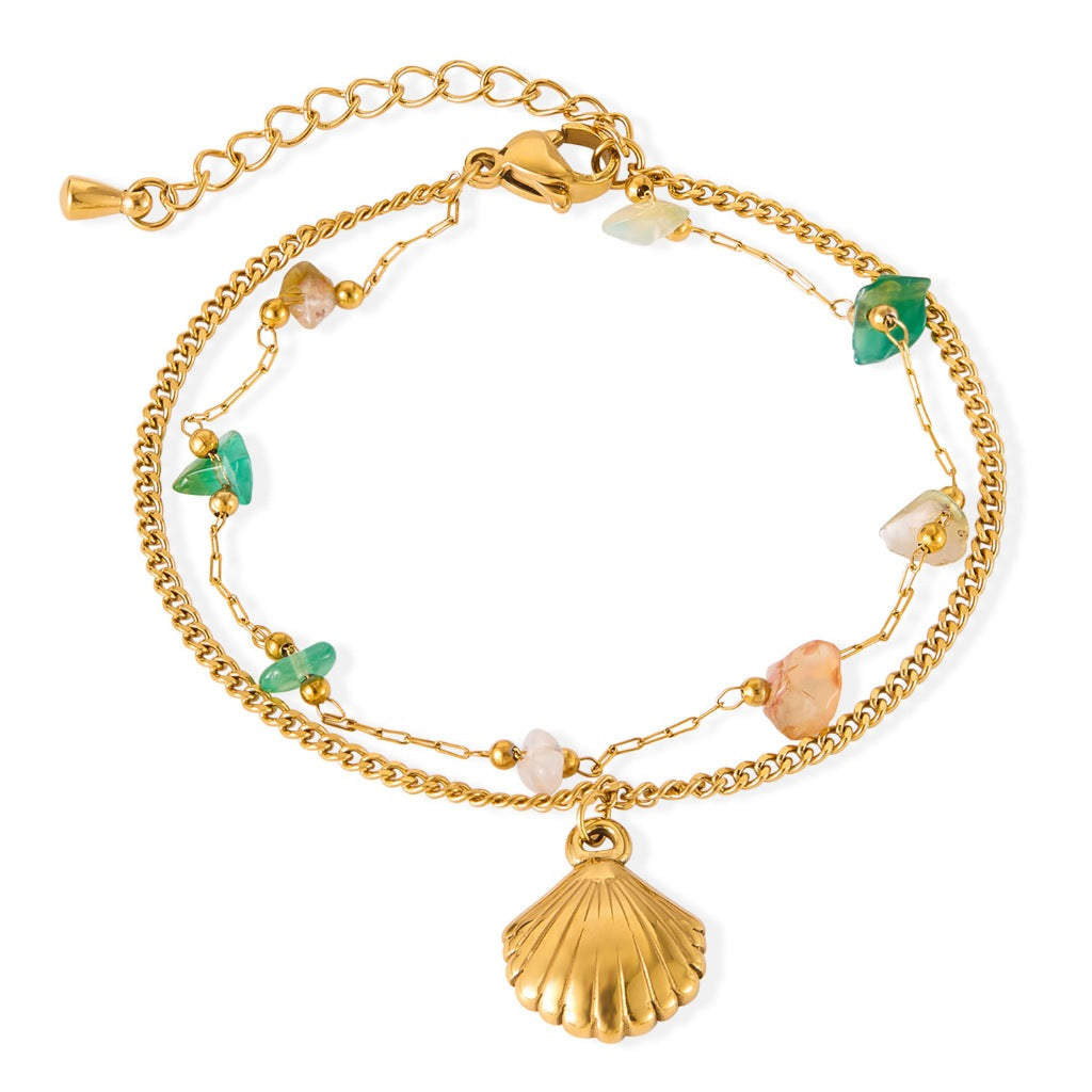 INS Style Ocean-Inspired Bracelet for Women – Stainless Steel Shell & Colorful Stone Charm, Minimalist Titanium Jewelry