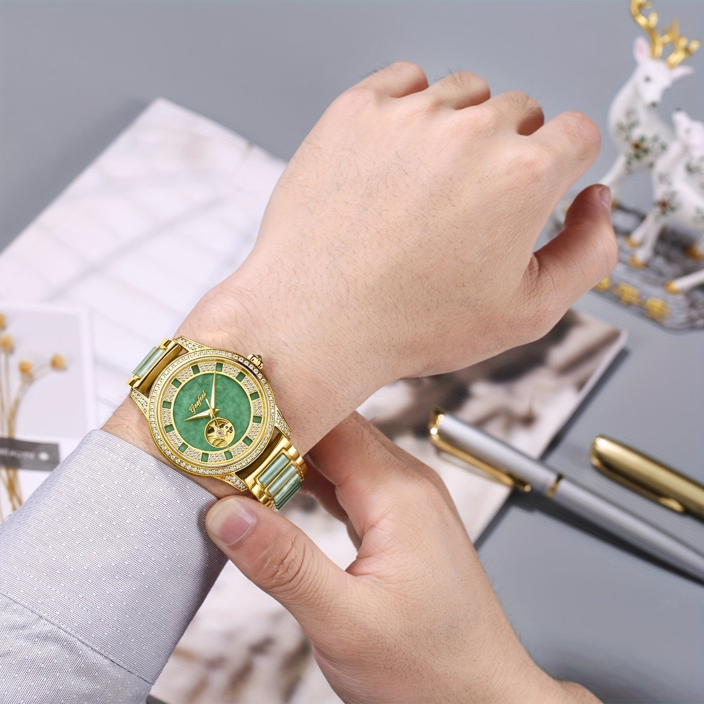 1pc Hollow Automatic Mechanical Watch With Rhinestone-studded, Fashionable Wristwatch