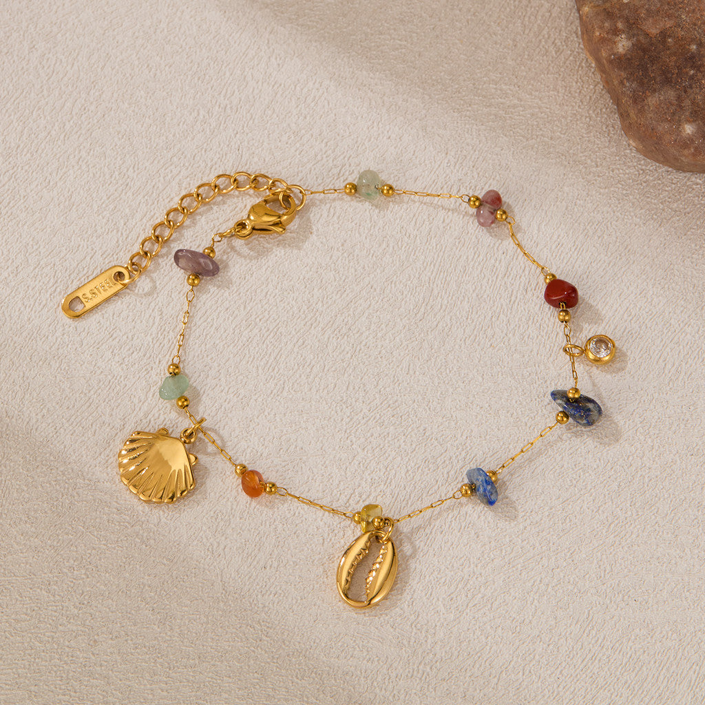 INS Style Ocean-Inspired Bracelet for Women – Stainless Steel Shell & Colorful Stone Charm, Minimalist Titanium Jewelry