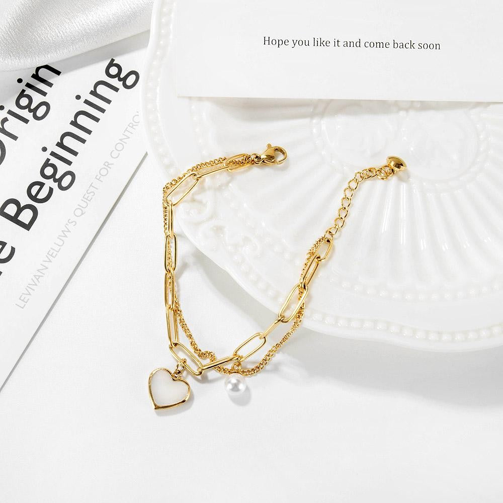 Women’s Double-Layer Heart & Pearl Bracelet – Minimalist Cool Style – Stainless Steel Fashion Jewelry