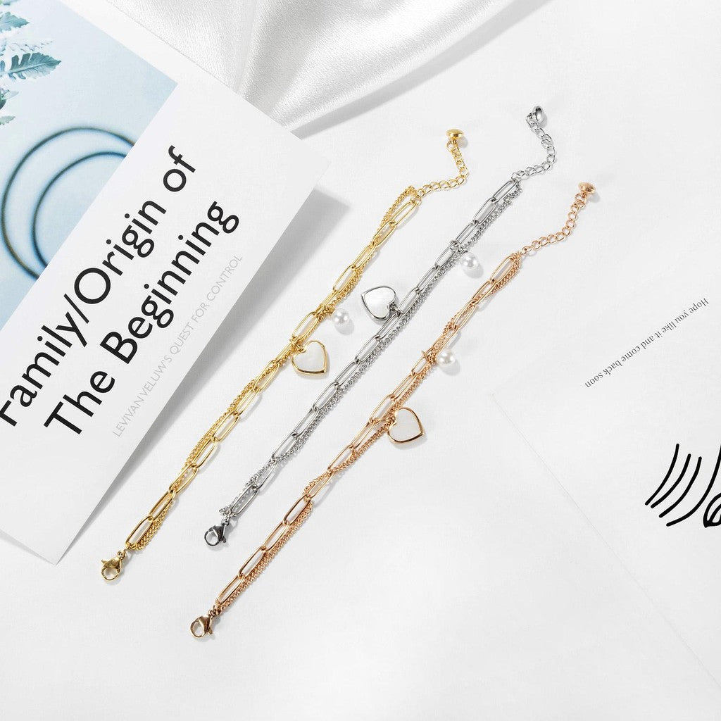 Women’s Double-Layer Heart & Pearl Bracelet – Minimalist Cool Style – Stainless Steel Fashion Jewelry