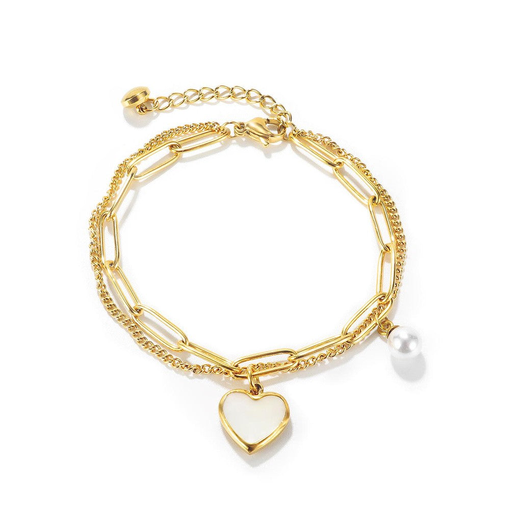 Women’s Double-Layer Heart & Pearl Bracelet – Minimalist Cool Style – Stainless Steel Fashion Jewelry