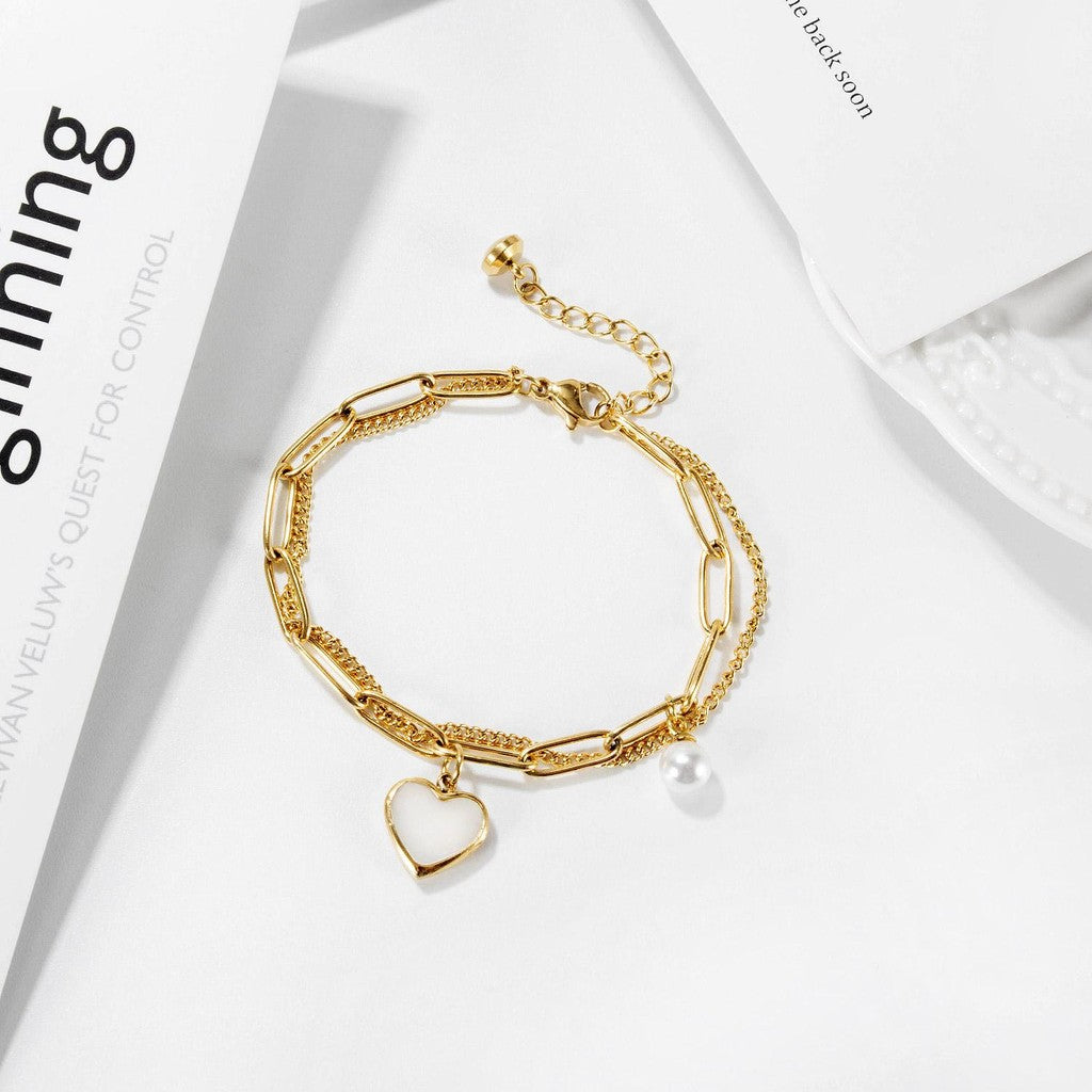 Women’s Double-Layer Heart & Pearl Bracelet – Minimalist Cool Style – Stainless Steel Fashion Jewelry