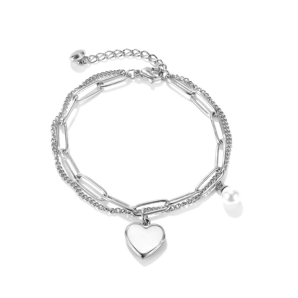 Women’s Double-Layer Heart & Pearl Bracelet – Minimalist Cool Style – Stainless Steel Fashion Jewelry