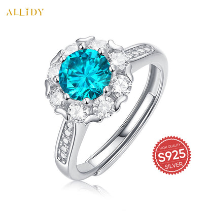 Deluxe S925 Silver Mossan Diamond Zircon Blue Ring