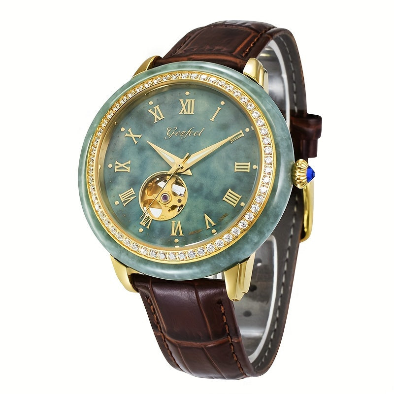 [GEZFEEL Mechanical Watch] GEZFEEL Mechanical Self-Winding Watch - Fashionable Stainless Steel Case Automatic Watch with Round Hollow Emerald Dial, Genuine Leather Strap, Waterproof - Without Battery