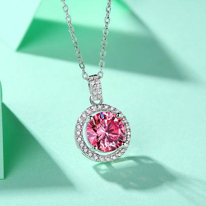 S925 Silver Necklace Round Moissanite Pendant Pink Jewelry