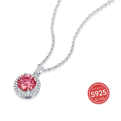 S925 Silver Necklace Round Moissanite Pendant Pink Jewelry