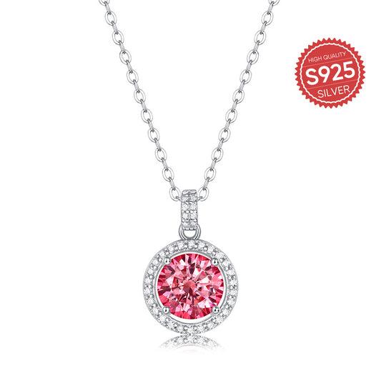 S925 Silver Necklace Round Moissanite Pendant Pink Jewelry