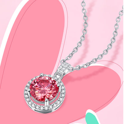 S925 Silver Necklace Round Moissanite Pendant Pink Jewelry