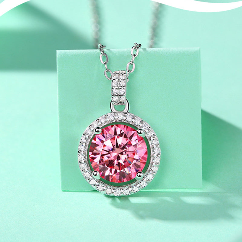 S925 Silver Necklace Round Moissanite Pendant Pink Jewelry