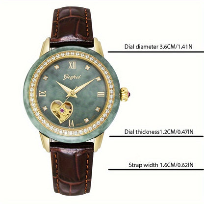 [GEZFEEL Mechanical Watch] GEZFEEL Mechanical Self-Winding Watch - Fashionable Stainless Steel Case Automatic Watch with Round Hollow Emerald Dial, Genuine Leather Strap, Waterproof - Without Battery