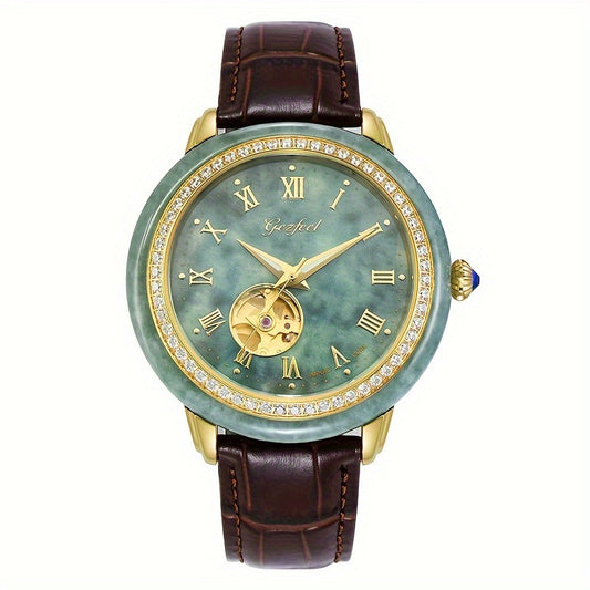 [GEZFEEL Mechanical Watch] GEZFEEL Mechanical Self-Winding Watch - Fashionable Stainless Steel Case Automatic Watch with Round Hollow Emerald Dial, Genuine Leather Strap, Waterproof - Without Battery