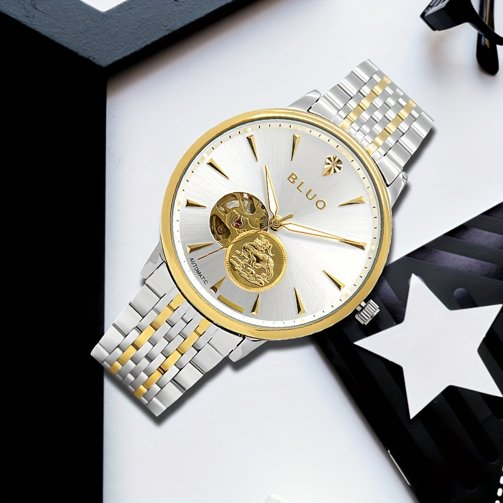 [BLUO Sleek Mechanical Watch] BLUO Men's Sleek Ultra-Thin Automatic Mechanical Watch - Stainless Steel Business Casual Style with Hollow Pixiu Dial - Autumn