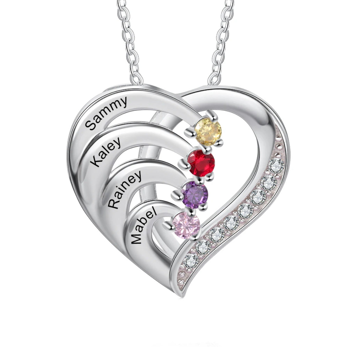 Family Couple Custom Birthday Stone Engraved Heart-shaped Pendant Stainless Steel Necklace