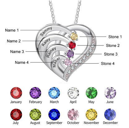 Family Couple Custom Birthday Stone Engraved Heart-shaped Pendant Stainless Steel Necklace