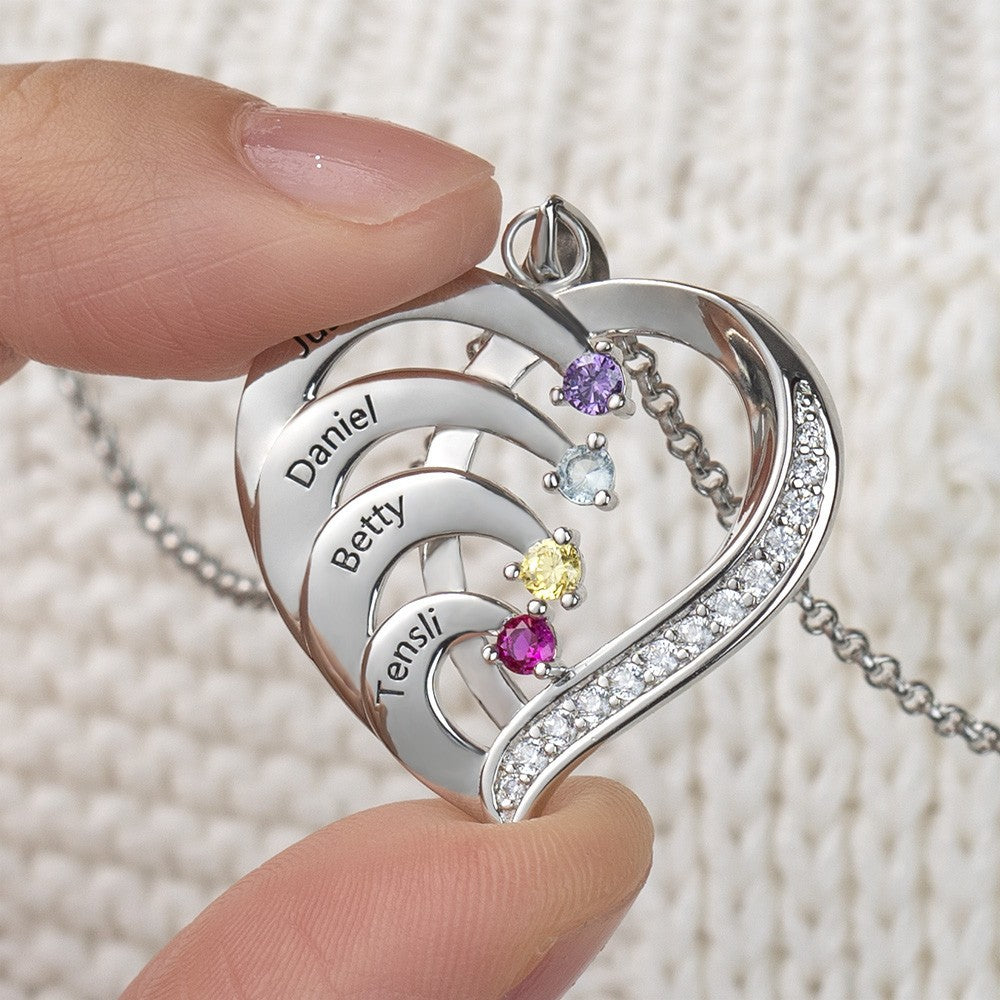 Family Couple Custom Birthday Stone Engraved Heart-shaped Pendant Stainless Steel Necklace