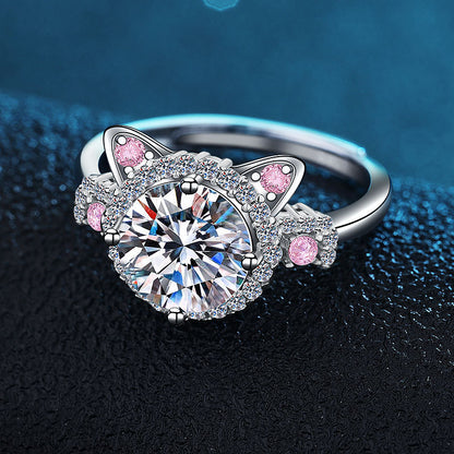 S925 Silver Fashion Cute Pink Cat Zircon Ring