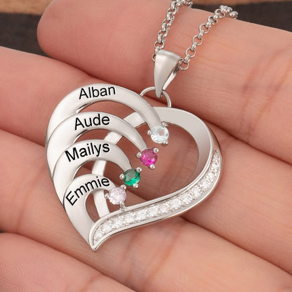 Family Couple Custom Birthday Stone Engraved Heart-shaped Pendant Stainless Steel Necklace