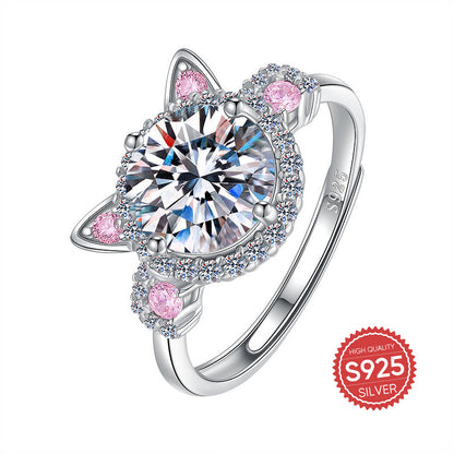 S925 Silver Fashion Cute Pink Cat Zircon Ring