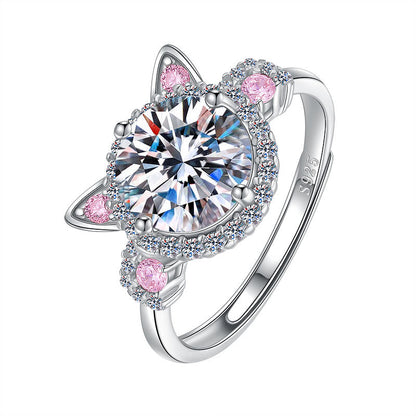 S925 Silver Fashion Cute Pink Cat Zircon Ring