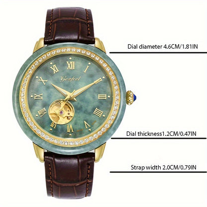 [GEZFEEL Mechanical Watch] GEZFEEL Mechanical Self-Winding Watch - Fashionable Stainless Steel Case Automatic Watch with Round Hollow Emerald Dial, Genuine Leather Strap, Waterproof - Without Battery
