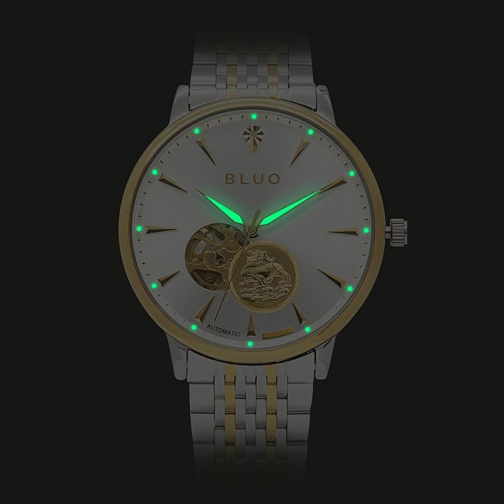 [BLUO Sleek Mechanical Watch] BLUO Men's Sleek Ultra-Thin Automatic Mechanical Watch - Stainless Steel Business Casual Style with Hollow Pixiu Dial - Autumn