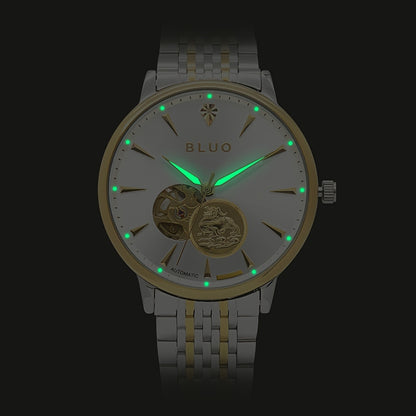[BLUO Sleek Mechanical Watch] BLUO Men's Sleek Ultra-Thin Automatic Mechanical Watch - Stainless Steel Business Casual Style with Hollow Pixiu Dial - Autumn