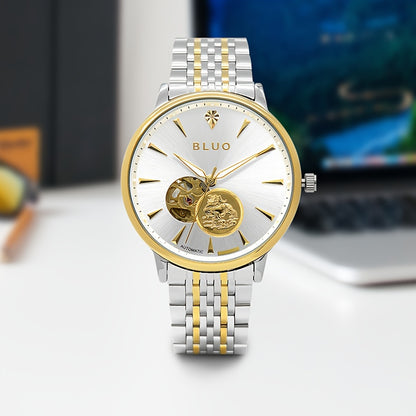 [BLUO Sleek Mechanical Watch] BLUO Men's Sleek Ultra-Thin Automatic Mechanical Watch - Stainless Steel Business Casual Style with Hollow Pixiu Dial - Autumn