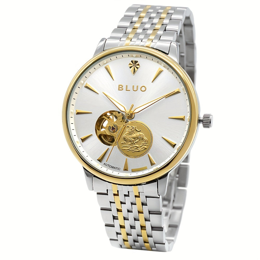 [BLUO Sleek Mechanical Watch] BLUO Men's Sleek Ultra-Thin Automatic Mechanical Watch - Stainless Steel Business Casual Style with Hollow Pixiu Dial - Autumn