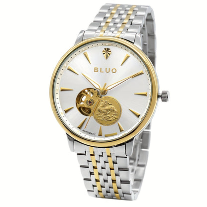 [BLUO Sleek Mechanical Watch] BLUO Men's Sleek Ultra-Thin Automatic Mechanical Watch - Stainless Steel Business Casual Style with Hollow Pixiu Dial - Autumn