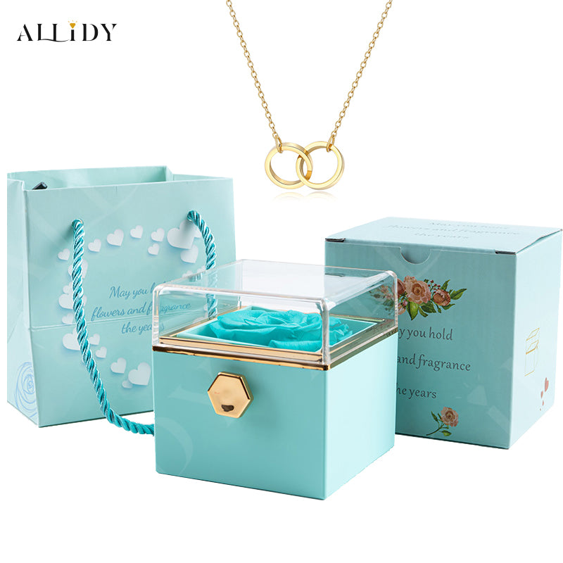 Real Preserved Rose Rotating Jewelry Gift Box with Engraved Necklace