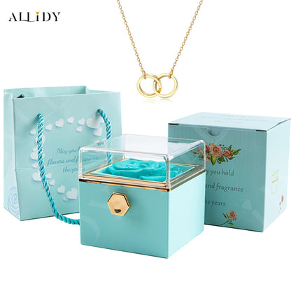 Real Preserved Rose Rotating Jewelry Gift Box with Engraved Necklace