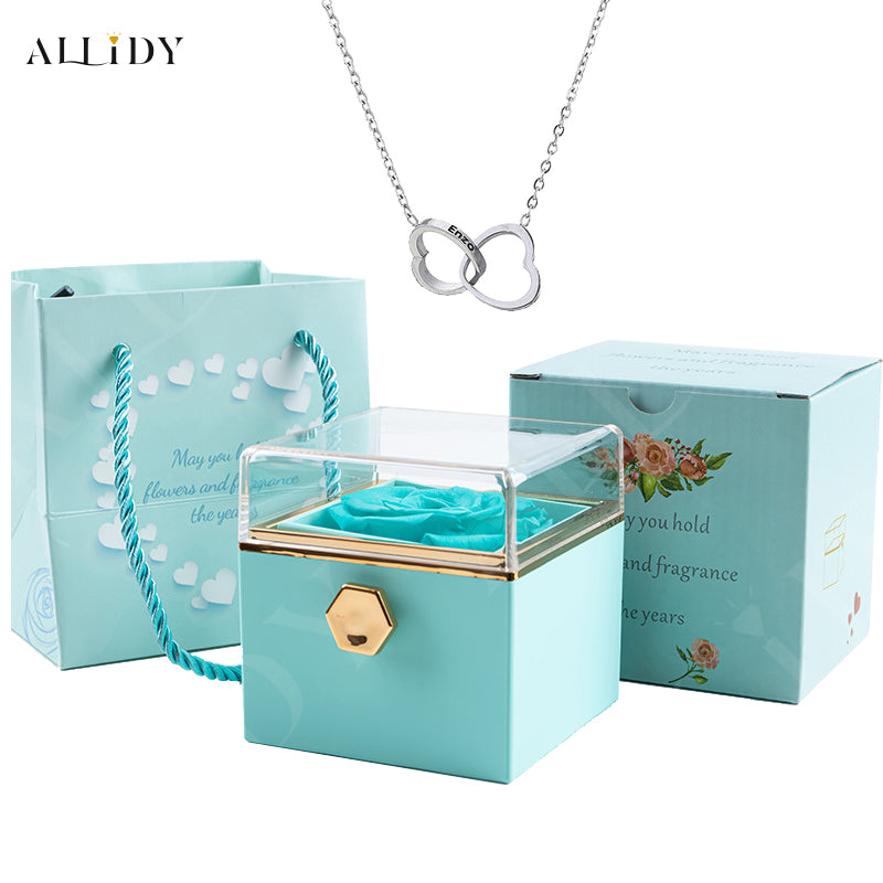 Real Preserved Rose Rotating Jewelry Gift Box with Engraved Necklace