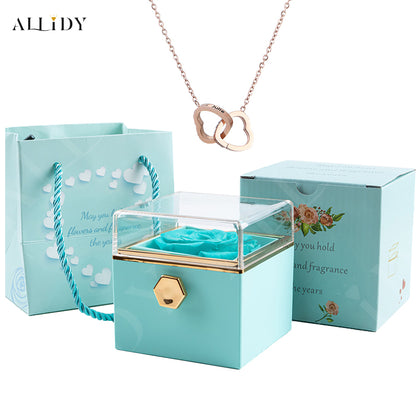 Real Preserved Rose Rotating Jewelry Gift Box with Engraved Necklace