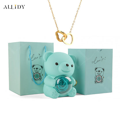 Eternal Rose Teddy Bear with Engraved Necklace