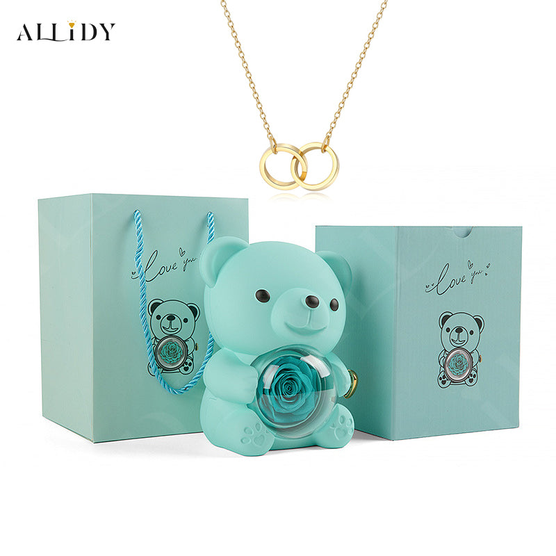 Eternal Rose Teddy Bear with Engraved Necklace