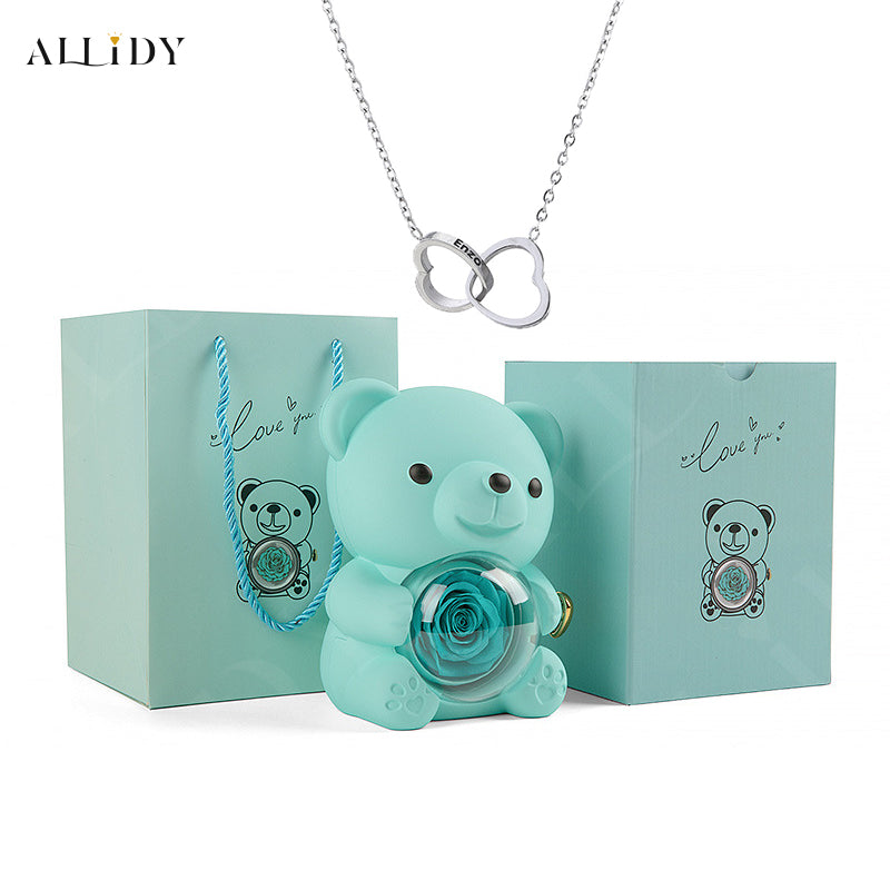 Eternal Rose Teddy Bear with Engraved Necklace