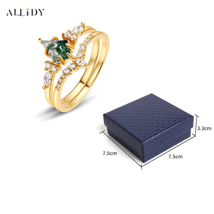 Natural green moss stone water grass agate high quality women's two-piece ring set