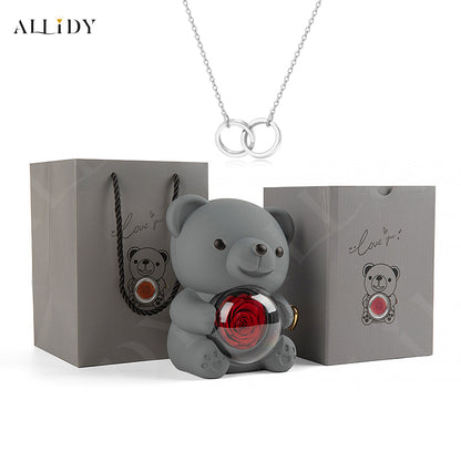 Eternal Rose Teddy Bear with Engraved Necklace